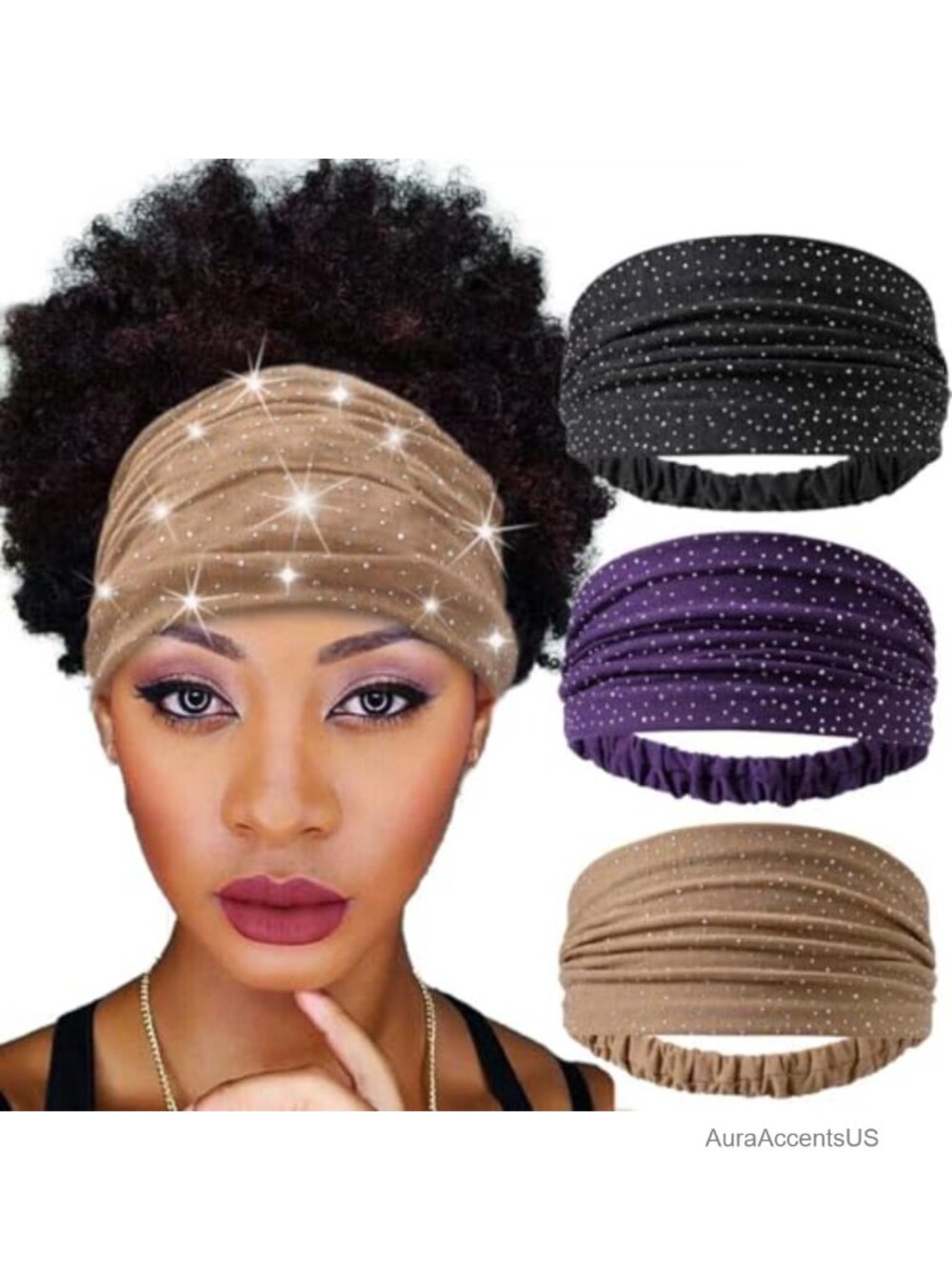 Wide Rhinestones Headbands Stretch Hairbands Turban Sport Workout 3 Pcs